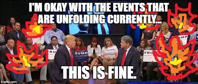 This is Fine | I'M OKAY WITH THE EVENTS THAT ARE UNFOLDING CURRENTLY... THIS IS FINE. | image tagged in this is fine,meme,trump,2016,fail | made w/ Imgflip meme maker