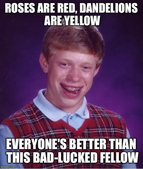 Bad Luck Brian Meme | ROSES ARE RED, DANDELIONS ARE YELLOW EVERYONE'S BETTER THAN THIS BAD-LUCKED FELLOW | image tagged in memes,bad luck brian | made w/ Imgflip meme maker