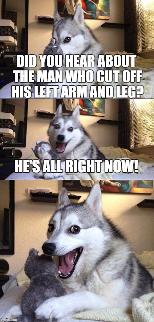 Bad Pun Dog Meme | DID YOU HEAR ABOUT THE MAN WHO CUT OFF HIS LEFT ARM AND LEG? HE'S ALL RIGHT NOW! | image tagged in memes,bad pun dog | made w/ Imgflip meme maker