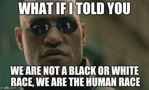 Matrix Morpheus Meme | WHAT IF I TOLD YOU; WE ARE NOT A BLACK OR WHITE RACE, WE ARE THE HUMAN RACE | image tagged in memes,matrix morpheus | made w/ Imgflip meme maker