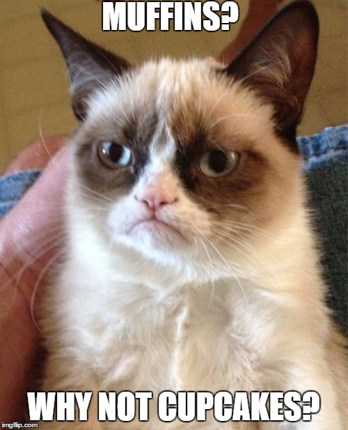 Grumpy Cat Meme | MUFFINS? WHY NOT CUPCAKES? | image tagged in memes,grumpy cat | made w/ Imgflip meme maker