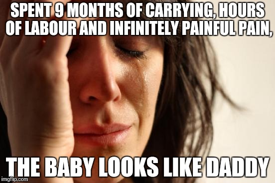First World Problems | SPENT 9 MONTHS OF CARRYING, HOURS OF LABOUR AND INFINITELY PAINFUL PAIN, THE BABY LOOKS LIKE DADDY | image tagged in memes,first world problems | made w/ Imgflip meme maker