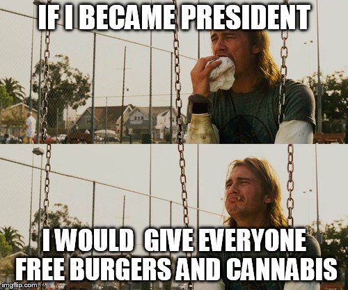 First World Stoner Problems Meme | IF I BECAME PRESIDENT; I WOULD  GIVE EVERYONE  FREE BURGERS AND CANNABIS | image tagged in memes,first world stoner problems | made w/ Imgflip meme maker