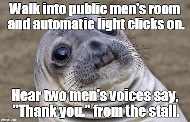 Awkward Moment Sealion | Walk into public men's room and automatic light clicks on. Hear two men's voices say, "Thank you." from the stall. | image tagged in memes,awkward moment sealion | made w/ Imgflip meme maker