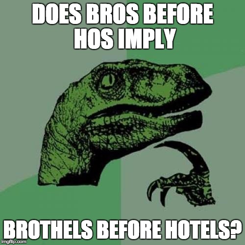 Reading between the lines of the bro code | DOES BROS BEFORE HOS IMPLY; BROTHELS BEFORE HOTELS? | image tagged in memes,philosoraptor,meme,bros,questions | made w/ Imgflip meme maker