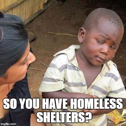 Third World Skeptical Kid Meme | SO YOU HAVE HOMELESS SHELTERS? | image tagged in memes,third world skeptical kid | made w/ Imgflip meme maker