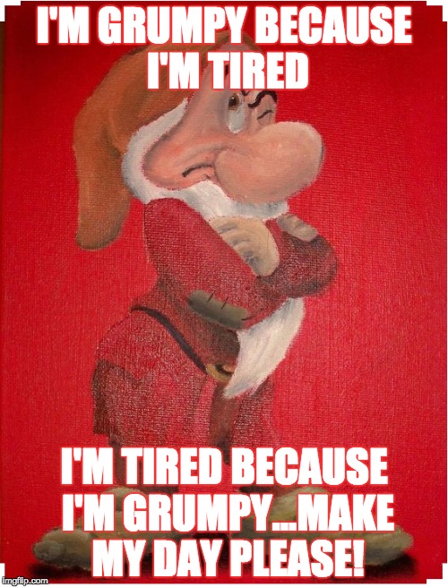 I'M GRUMPY BECAUSE I'M TIRED; I'M TIRED BECAUSE I'M GRUMPY...MAKE MY DAY PLEASE! | image tagged in grumpy,tired | made w/ Imgflip meme maker