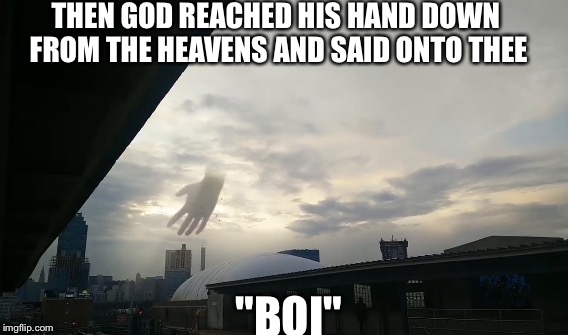 Boi | THEN GOD REACHED HIS HAND DOWN FROM THE HEAVENS AND SAID ONTO THEE; "BOI" | image tagged in boi,god | made w/ Imgflip meme maker
