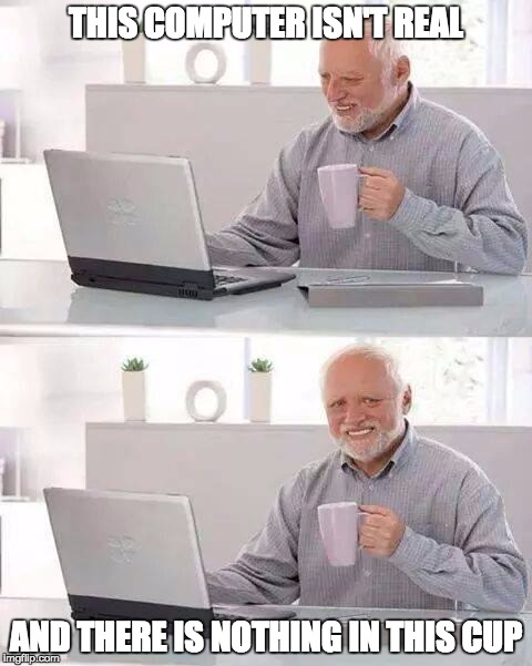 It's all a lie | THIS COMPUTER ISN'T REAL; AND THERE IS NOTHING IN THIS CUP | image tagged in memes,hide the pain harold,meme,lies,bad luck harold,reality | made w/ Imgflip meme maker