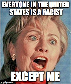 Ugly Hillary Clinton | EVERYONE IN THE UNITED STATES IS A RACIST; EXCEPT ME | image tagged in ugly hillary clinton | made w/ Imgflip meme maker