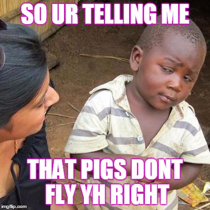 Third World Skeptical Kid | SO UR TELLING ME; THAT PIGS DONT FLY YH RIGHT | image tagged in memes,third world skeptical kid | made w/ Imgflip meme maker