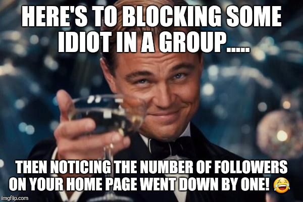 Leonardo Dicaprio Cheers Meme | HERE'S TO BLOCKING SOME IDIOT IN A GROUP..... THEN NOTICING THE NUMBER OF FOLLOWERS ON YOUR HOME PAGE WENT DOWN BY ONE! 😂 | image tagged in memes,leonardo dicaprio cheers | made w/ Imgflip meme maker