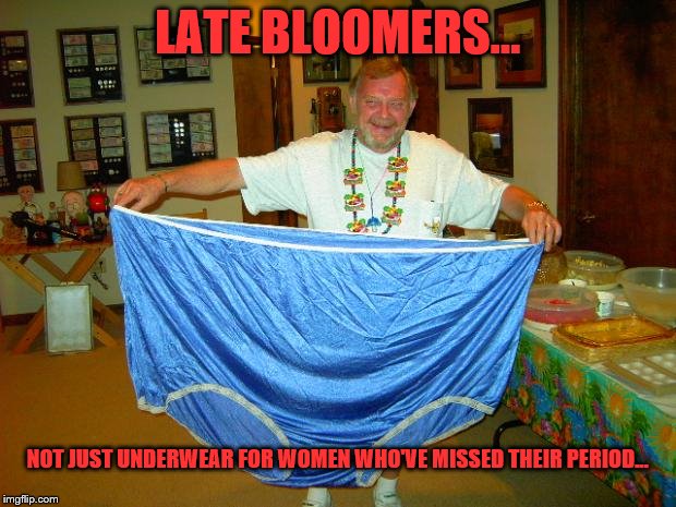 Some of Us are Just a Little Slow... | LATE BLOOMERS... NOT JUST UNDERWEAR FOR WOMEN WHO'VE MISSED THEIR PERIOD... | image tagged in funny memes,late bloomers,fat,big underwear,successful,period blood | made w/ Imgflip meme maker