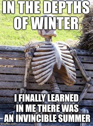 Waiting Skeleton Meme | IN THE DEPTHS OF WINTER; I FINALLY LEARNED IN ME THERE WAS AN INVINCIBLE SUMMER | image tagged in memes,waiting skeleton | made w/ Imgflip meme maker