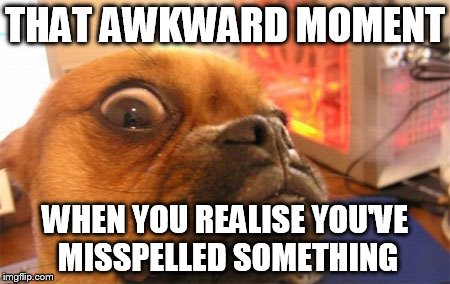 wtf dog |  THAT AWKWARD MOMENT; WHEN YOU REALISE YOU'VE MISSPELLED SOMETHING | image tagged in grammar nazi | made w/ Imgflip meme maker
