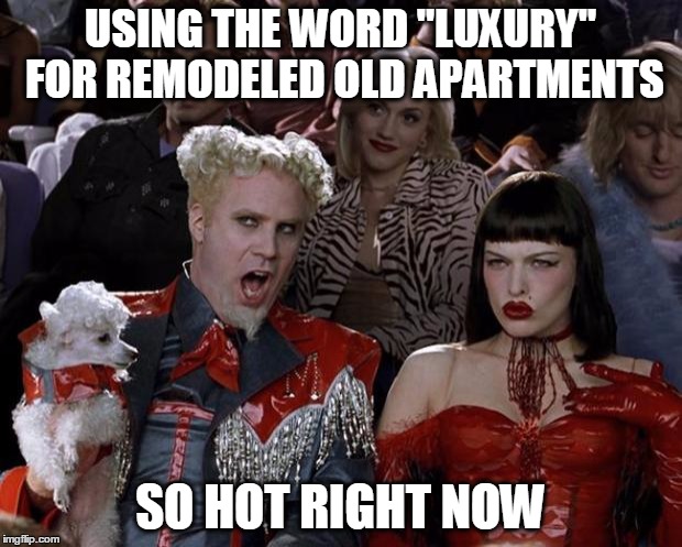 Mugatu So Hot Right Now | USING THE WORD "LUXURY" FOR REMODELED OLD APARTMENTS; SO HOT RIGHT NOW | image tagged in memes,mugatu so hot right now | made w/ Imgflip meme maker