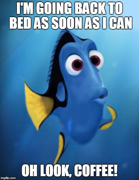 Dory | I'M GOING BACK TO BED AS SOON AS I CAN; OH LOOK, COFFEE! | image tagged in dory,AdviceAnimals | made w/ Imgflip meme maker
