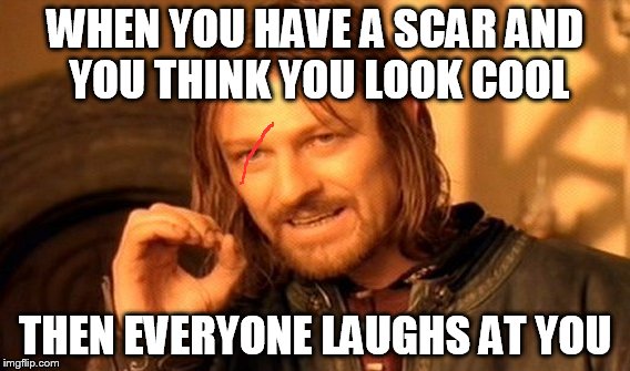 One Does Not Simply | WHEN YOU HAVE A SCAR AND YOU THINK YOU LOOK COOL; THEN EVERYONE LAUGHS AT YOU | image tagged in memes,one does not simply | made w/ Imgflip meme maker