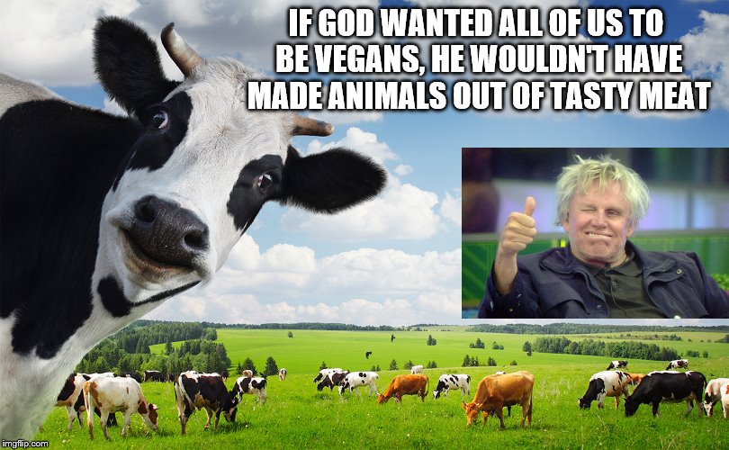 God and vegans | IF GOD WANTED ALL OF US TO BE VEGANS, HE WOULDN'T HAVE MADE ANIMALS OUT OF TASTY MEAT | image tagged in gary busey,god,vegans,vegetarians,tasty meat,cows | made w/ Imgflip meme maker
