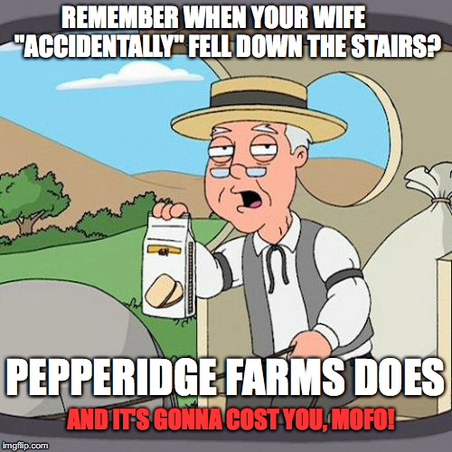 REMEMBER WHEN YOUR WIFE      "ACCIDENTALLY" FELL DOWN THE STAIRS? PEPPERIDGE FARMS DOES AND IT'S GONNA COST YOU, MOFO! | made w/ Imgflip meme maker