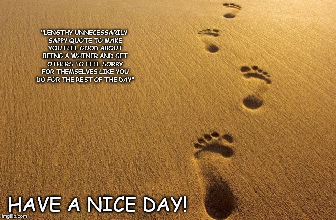 steps in the sand | "LENGTHY UNNECESSARILY SAPPY QUOTE TO MAKE YOU FEEL GOOD ABOUT BEING A WHINER AND GET OTHERS TO FEEL SORRY FOR THEMSELVES LIKE YOU DO FOR THE REST OF THE DAY"; HAVE A NICE DAY! | image tagged in steps | made w/ Imgflip meme maker