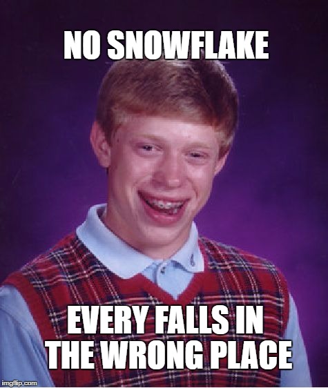 Bad Luck Brian Meme | NO SNOWFLAKE; EVERY FALLS IN THE WRONG PLACE | image tagged in memes,bad luck brian | made w/ Imgflip meme maker