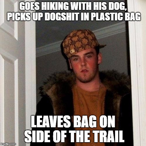 Scumbag Steve Meme | GOES HIKING WITH HIS DOG, PICKS UP DOGSHIT IN PLASTIC BAG; LEAVES BAG ON SIDE OF THE TRAIL | image tagged in memes,scumbag steve | made w/ Imgflip meme maker