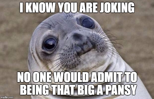 Awkward Moment Sealion Meme | I KNOW YOU ARE JOKING NO ONE WOULD ADMIT TO BEING THAT BIG A PANSY | image tagged in memes,awkward moment sealion | made w/ Imgflip meme maker