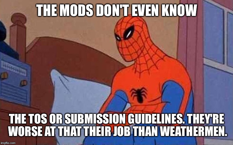 Spiderman Mad | THE MODS DON'T EVEN KNOW THE TOS OR SUBMISSION GUIDELINES. THEY'RE WORSE AT THAT THEIR JOB THAN WEATHERMEN. | image tagged in spiderman mad | made w/ Imgflip meme maker