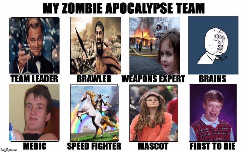 Thanks to headfoot for the template! My Zombie Apocalypse Team: Memes | image tagged in my zombie apocalypse team v2 memes | made w/ Imgflip meme maker