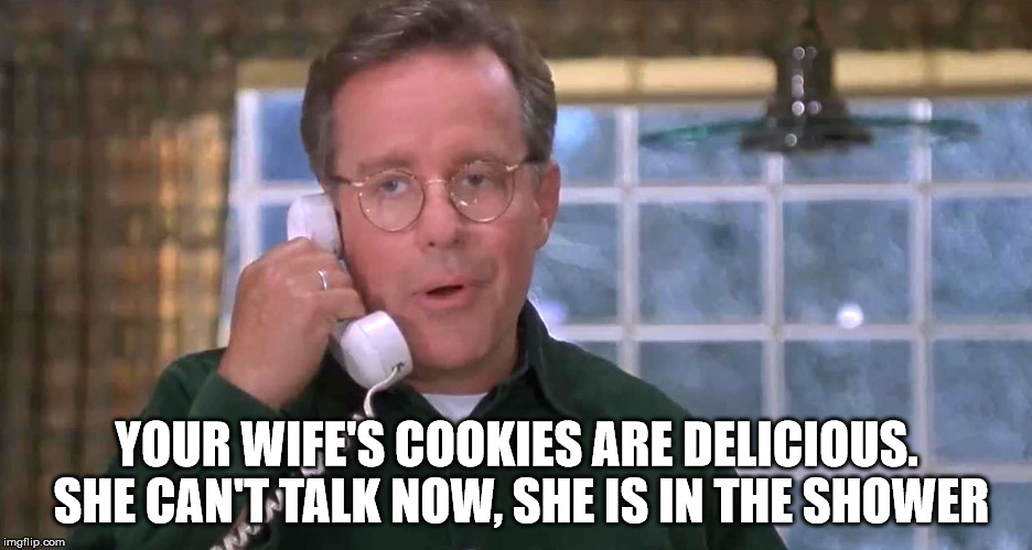 YOUR WIFE'S COOKIES ARE DELICIOUS. SHE CAN'T TALK NOW, SHE IS IN THE SHOWER | made w/ Imgflip meme maker