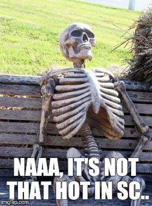 Waiting Skeleton Meme | NAAA, IT'S NOT THAT HOT IN SC.. | image tagged in memes,waiting skeleton | made w/ Imgflip meme maker