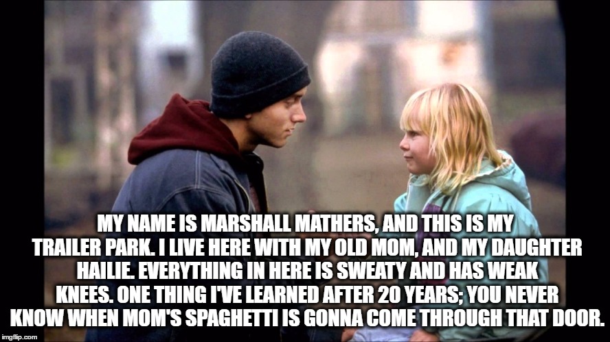 8 mile Pawn Shop | MY NAME IS MARSHALL MATHERS, AND THIS IS MY TRAILER PARK. I LIVE HERE WITH MY OLD MOM, AND MY DAUGHTER HAILIE. EVERYTHING IN HERE IS SWEATY AND HAS WEAK KNEES. ONE THING I'VE LEARNED AFTER 20 YEARS; YOU NEVER KNOW WHEN MOM'S SPAGHETTI IS GONNA COME THROUGH THAT DOOR. | image tagged in funny memes | made w/ Imgflip meme maker