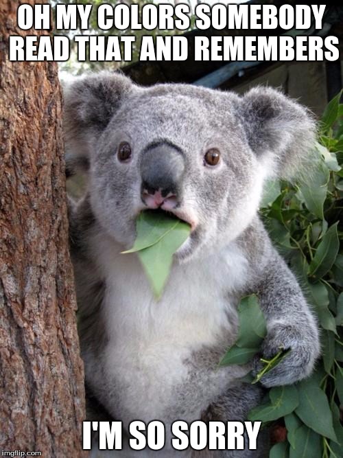 Surprised Koala Meme | OH MY COLORS SOMEBODY READ THAT AND REMEMBERS; I'M SO SORRY | image tagged in memes,surprised koala | made w/ Imgflip meme maker