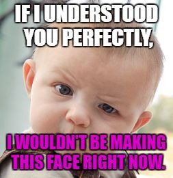 Skeptical Baby Meme | IF I UNDERSTOOD YOU PERFECTLY, I WOULDN'T BE MAKING THIS FACE RIGHT NOW. | image tagged in memes,skeptical baby | made w/ Imgflip meme maker