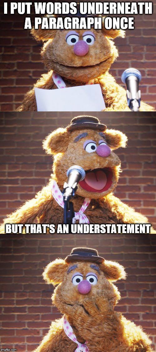 Fozzie Jokes | I PUT WORDS UNDERNEATH A PARAGRAPH ONCE; BUT THAT'S AN UNDERSTATEMENT | image tagged in fozzie jokes,memes,inferno390 | made w/ Imgflip meme maker