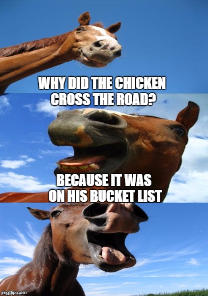 His bucket or someone else's? | WHY DID THE CHICKEN CROSS THE ROAD? BECAUSE IT WAS ON HIS BUCKET LIST | image tagged in bad pun,chicken | made w/ Imgflip meme maker