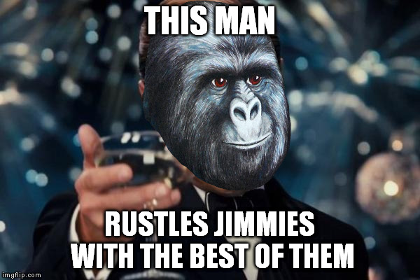 Leonardo Dicaprio Cheers Meme | THIS MAN RUSTLES JIMMIES WITH THE BEST OF THEM | image tagged in memes,leonardo dicaprio cheers | made w/ Imgflip meme maker