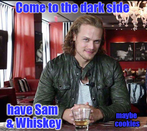 Come to the dark side; have Sam & Whiskey; maybe cookies | image tagged in sam heughan | made w/ Imgflip meme maker