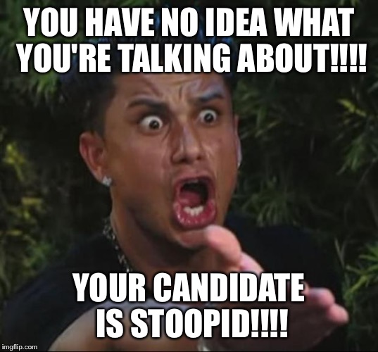 Pauly | YOU HAVE NO IDEA WHAT YOU'RE TALKING ABOUT!!!! YOUR CANDIDATE IS STOOPID!!!! | image tagged in pauly | made w/ Imgflip meme maker