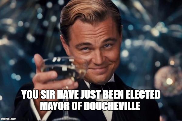 Leonardo Dicaprio Cheers Meme | YOU SIR HAVE JUST BEEN ELECTED MAYOR OF DOUCHEVILLE | image tagged in memes,leonardo dicaprio cheers | made w/ Imgflip meme maker