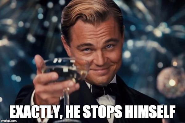 EXACTLY, HE STOPS HIMSELF | image tagged in memes,leonardo dicaprio cheers | made w/ Imgflip meme maker
