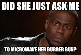 Kevin Hart Meme | DID SHE JUST ASK ME; TO MICROWAVE HER BURGER BUN? | image tagged in memes,kevin hart the hell | made w/ Imgflip meme maker