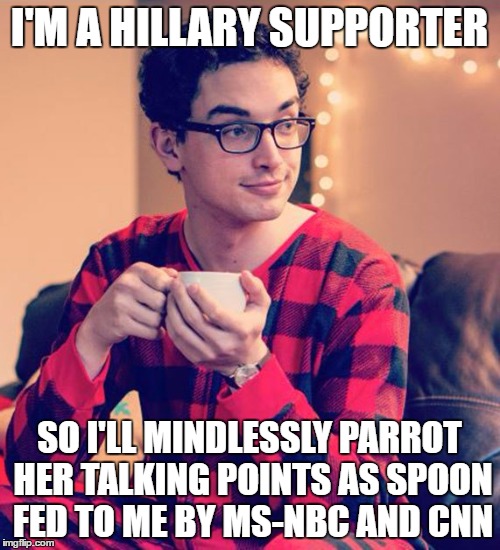Groupthink 101 | I'M A HILLARY SUPPORTER; SO I'LL MINDLESSLY PARROT HER TALKING POINTS AS SPOON FED TO ME BY MS-NBC AND CNN | image tagged in hillary clinton 2016,political meme,memes | made w/ Imgflip meme maker