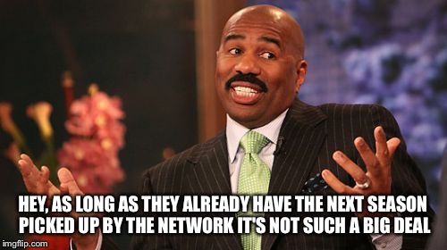 Steve Harvey Meme | HEY, AS LONG AS THEY ALREADY HAVE THE NEXT SEASON PICKED UP BY THE NETWORK IT'S NOT SUCH A BIG DEAL | image tagged in memes,steve harvey | made w/ Imgflip meme maker