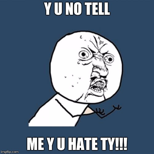 Y U No | Y U NO TELL; ME Y U HATE TY!!! | image tagged in memes,y u no | made w/ Imgflip meme maker