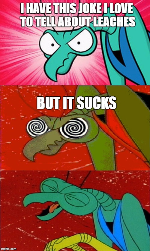 Bad Pun Zorak | I HAVE THIS JOKE I LOVE TO TELL ABOUT LEACHES; BUT IT SUCKS | image tagged in bad pun zorak | made w/ Imgflip meme maker