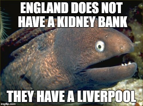 Bad Joke Eel Meme | ENGLAND DOES NOT HAVE A KIDNEY BANK; THEY HAVE A LIVERPOOL | image tagged in memes,bad joke eel | made w/ Imgflip meme maker