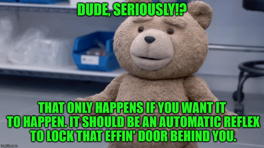 Ted Question | DUDE, SERIOUSLY!? THAT ONLY HAPPENS IF YOU WANT IT TO HAPPEN. IT SHOULD BE AN AUTOMATIC REFLEX TO LOCK THAT EFFIN' DOOR BEHIND YOU. | image tagged in ted question | made w/ Imgflip meme maker