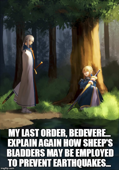 Saber's last order to Bedevere | MY LAST ORDER, BEDEVERE... EXPLAIN AGAIN HOW SHEEP'S BLADDERS MAY BE EMPLOYED TO PREVENT EARTHQUAKES... | image tagged in saber,fate/stay night,monty python and the holy grail | made w/ Imgflip meme maker